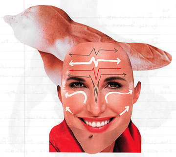 Model shows how French croissant on the top of her head can cure her stretchmarks.