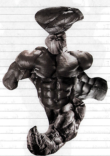 Bodybuilder with reptile head and scorpion tail.