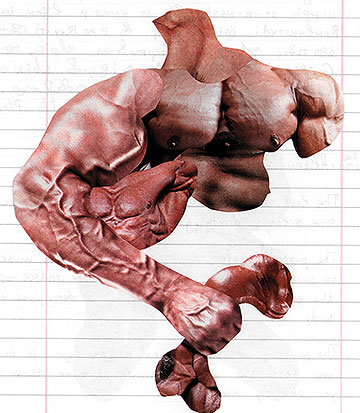 Bodybuilder holding a ripped pēຖiŞ.