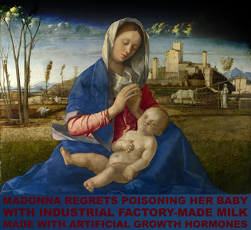 Madonna regrets poisoning her baby with industrial factory-made milk made with artificial growth hormone.