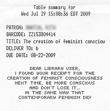 Dear library user, I found your receipt for the Creation of Feminist Consciousness.