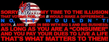 Sorry I devoted my time to the illusion that voting for A or B would make a difference.